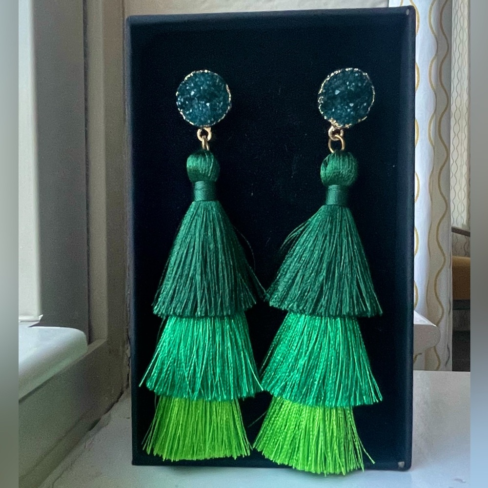 Me&Hz Green Layered Tassel Earrings